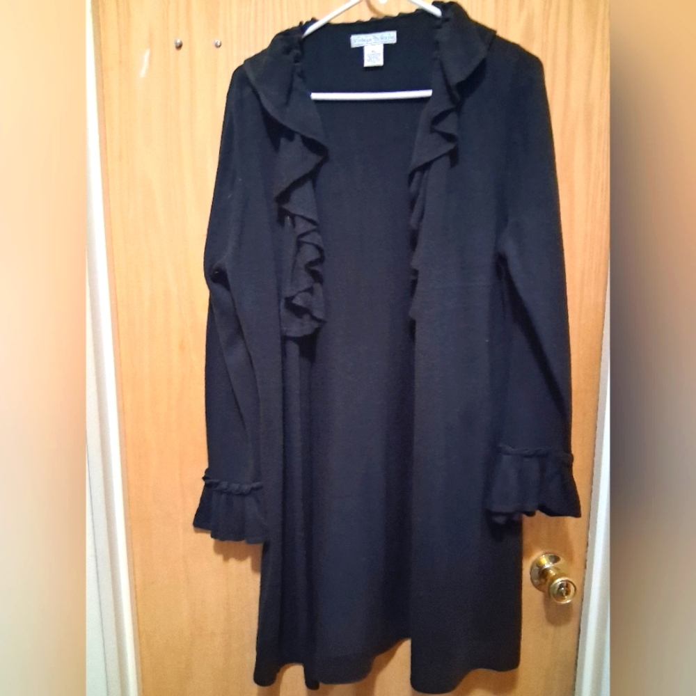 Vintage Suzie Elegant Black Knit Ruffled Long Cardigan Size XL